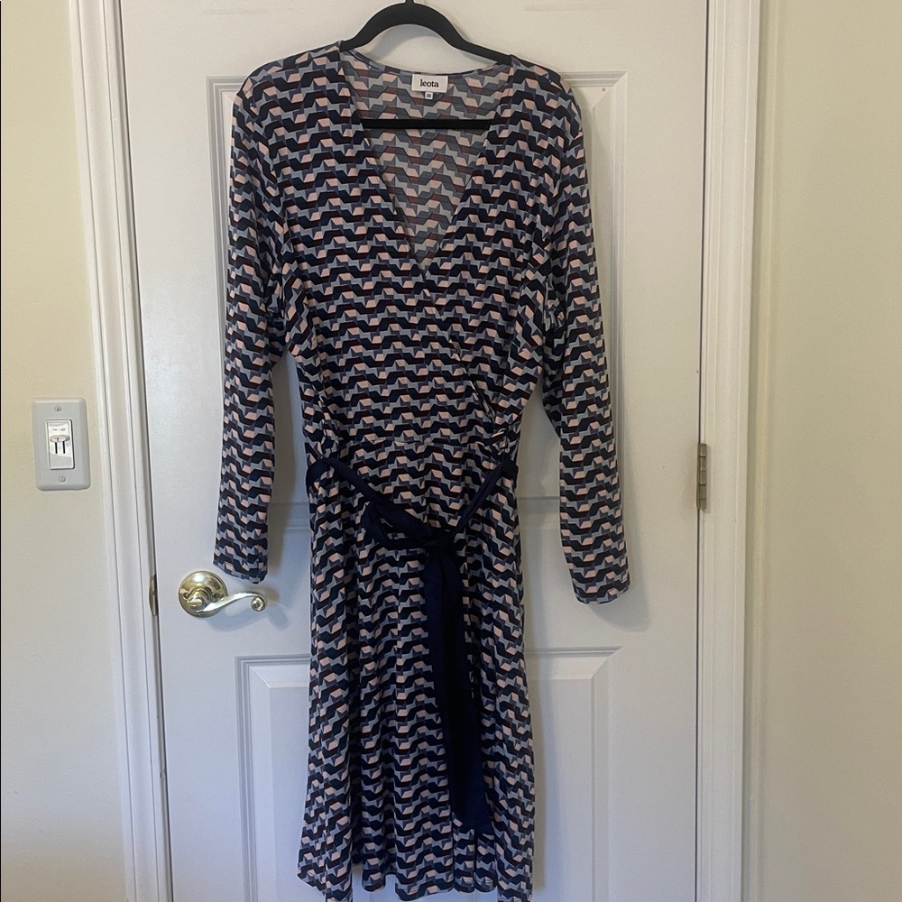 Leota Multicolor Geometric Long Sleeve Faux Wrap Dress Blue Pink Burgundy 2X
